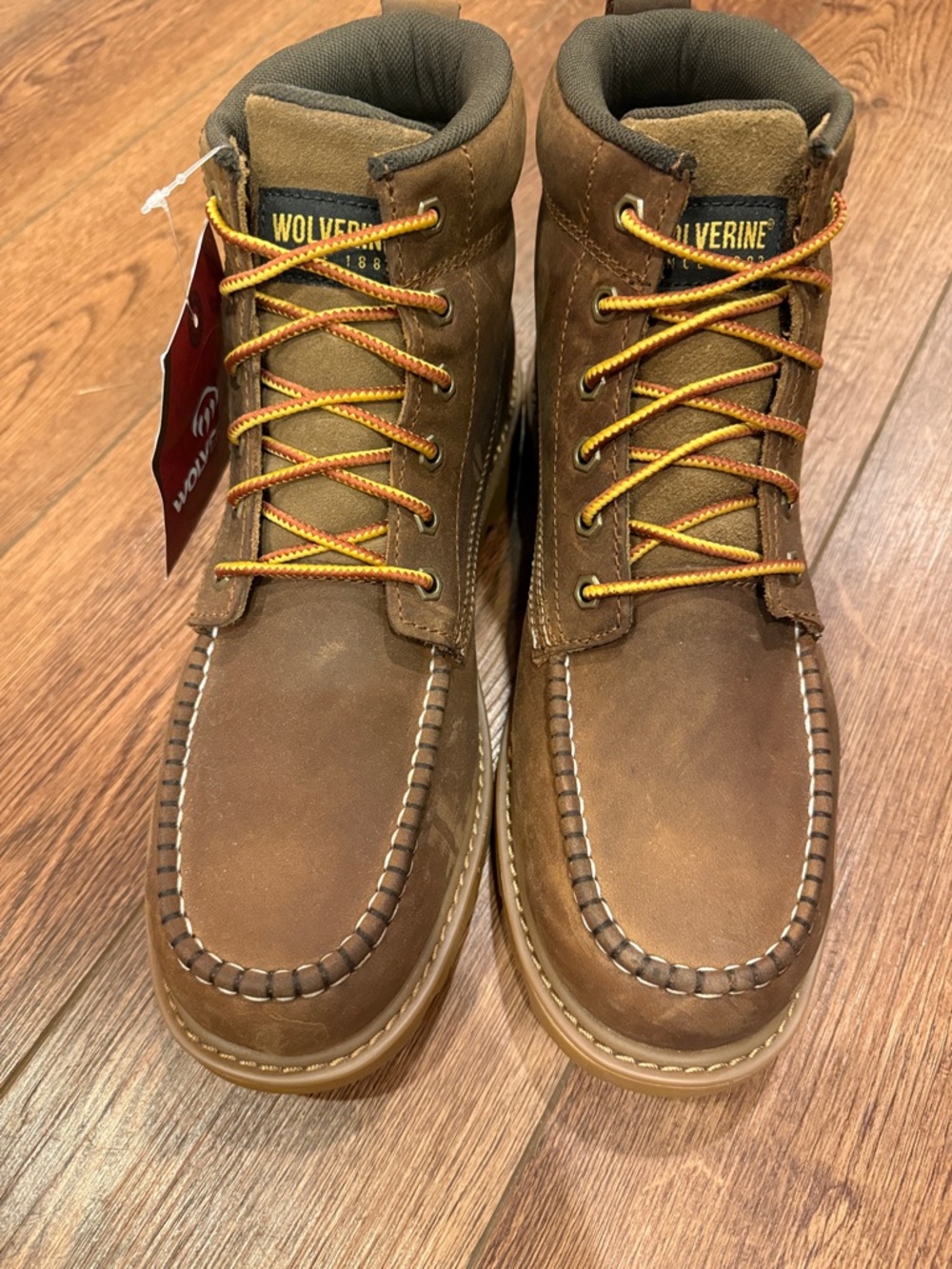 Wolverine Brown Leather Moc Toe Work Boots with Tan Outsole - Picture 2 of 7